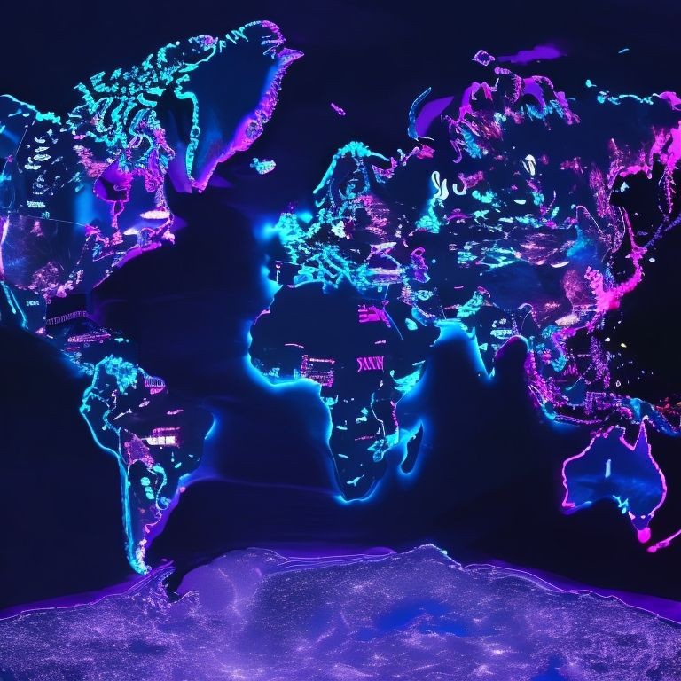 World map with glowing neon lights, highlighting continents in blue and pink colors on a dark background.