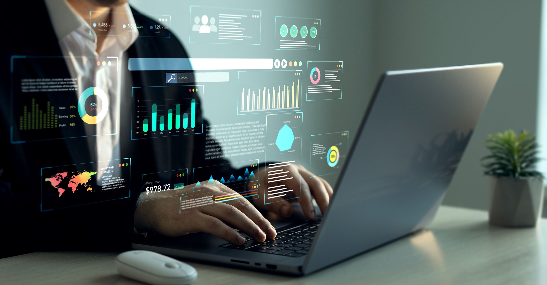 Businessman using KPI dashboard.Management data System KPI connected in database for follow earnings,operations and sales data.Financial business data analytics graph dashboard.