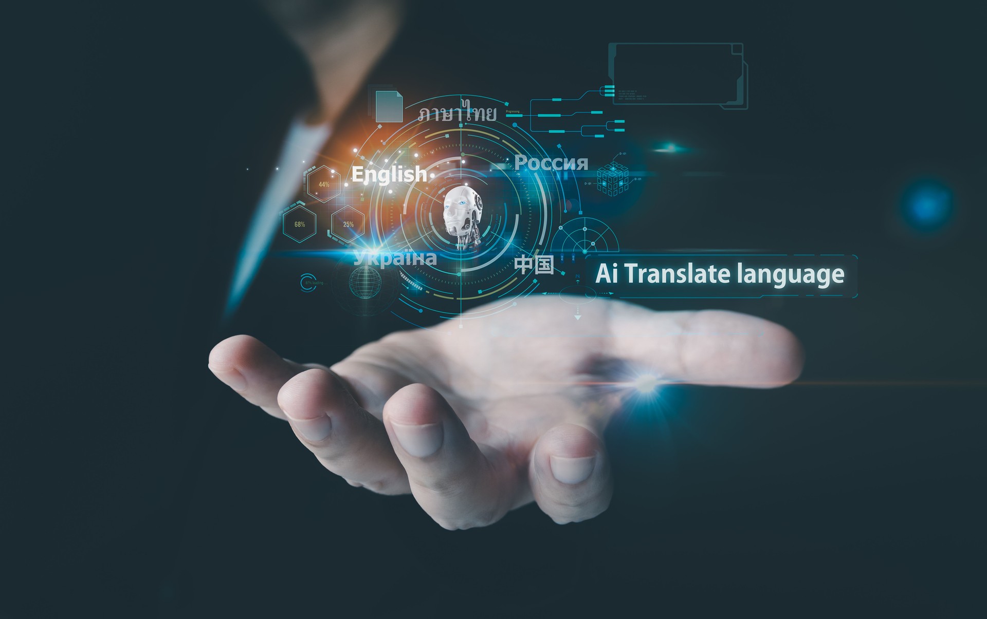 Individuals use the internet and advanced holographic graphics and AI technology for smooth translation. Supports multiple languages such as English, Chinese, Russian, Ukrainian, Japanese, and Thai.